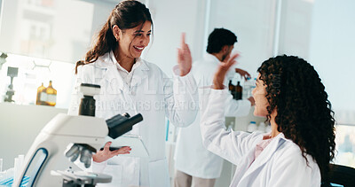 Buy stock photo Science, people and high five with tablet in lab for experiment success, study solution or goals. Scientists, teamwork and celebration for medical research, pharmaceutical development and innovation