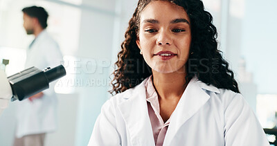 Buy stock photo Woman, scientist and smile at laboratory, research and medical review with project for vaccine. Person, happy and pharmaceutical study with decision, problem solving and solution for virus cure