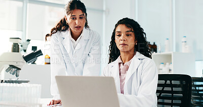 Buy stock photo Women, scientist or laptop in lab for medical research, team study or experiment results together. People, employees or healthcare workers with computer for forensic collaboration or discovery report