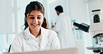 Woman, scientist and smile at laboratory, laptop or medical research with project for vaccine. Person, happy and computer for pharmaceutical study with feedback, problem solving or solution for virus