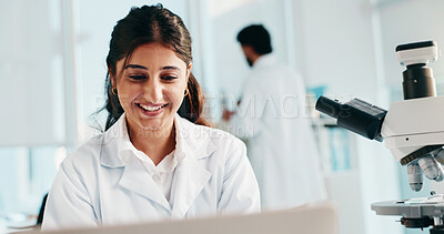 Buy stock photo Woman, scientist and smile at laboratory, laptop or medical research with project for vaccine. Person, happy and computer for pharmaceutical study with feedback, problem solving or solution for virus