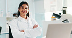 Happy woman, portrait and scientist with confidence at laboratory for medical research or discovery. Female person, healthcare or science worker with smile or arms crossed for forensic development