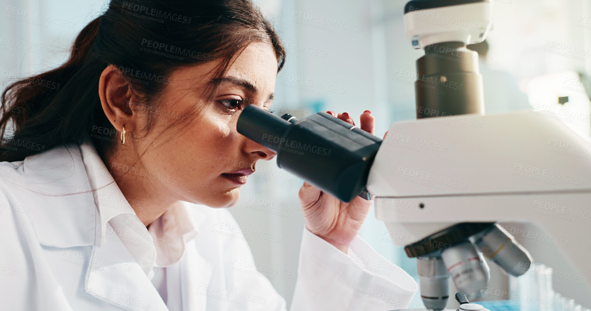 Buy stock photo Lab, scientist and woman with microscope, biotechnology and analysis for drug development and study. Clinic, medical professional and person with tech for healthcare, serious and cure for disease