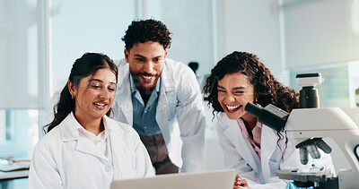 Buy stock photo Laptop, science and teamwork with people in laboratory for medical, gene therapy and research. Healthcare, stem cell innovation and organ growth study with group for collaboration and results