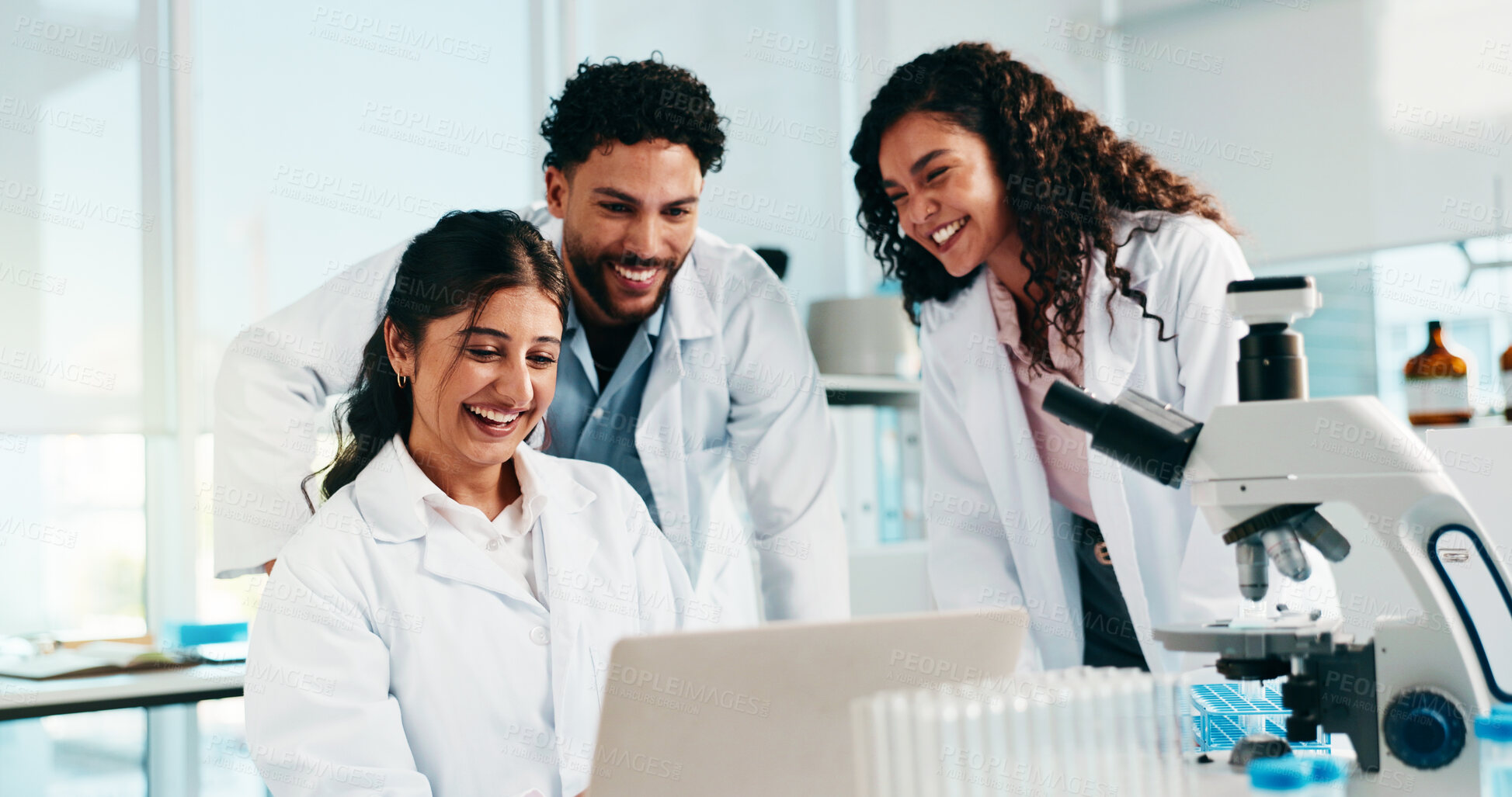 Buy stock photo Laptop, science and smile with people in laboratory for medical, gene therapy and research. Healthcare, stem cell innovation and organ growth study with group for collaboration and vaccine results