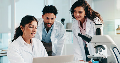 Buy stock photo Laptop, medical and teamwork with people in laboratory for science, gene therapy and research. Healthcare, stem cell innovation and organ growth study with group for collaboration and results