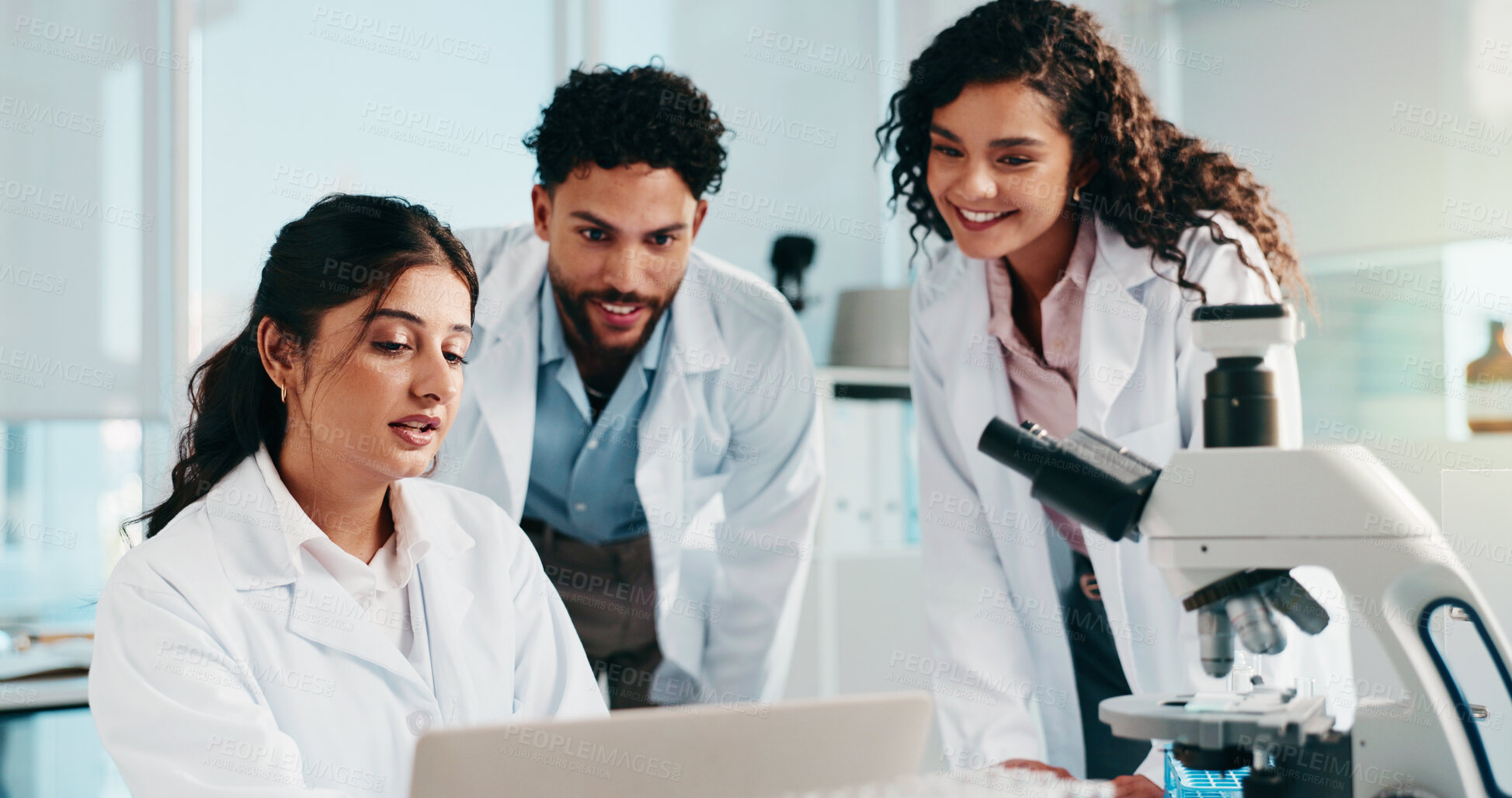 Buy stock photo Laptop, medical and teamwork with people in laboratory for science, gene therapy and research. Healthcare, stem cell innovation and organ growth study with group for collaboration and results