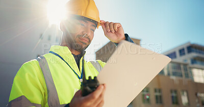 Buy stock photo Outdoor, engineering and man with tablet, architecture and lens flare with online schedule. Person, expert and construction worker in city, tech or building development with project management or app
