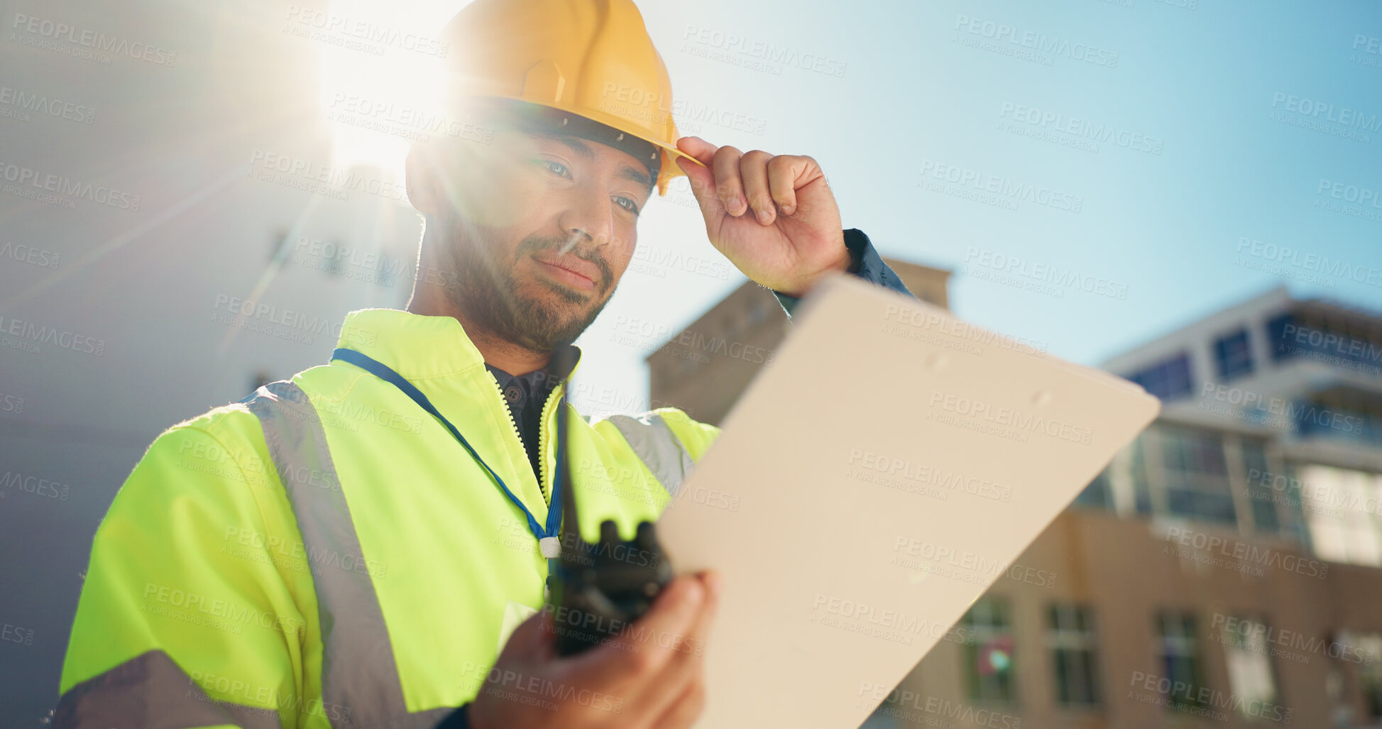 Buy stock photo Outdoor, engineering and man with tablet, architecture and lens flare with online schedule. Person, expert and construction worker in city, tech or building development with project management or app