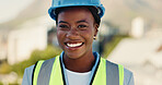 Happy, black woman and portrait of construction worker on site in city for building, renovation or repairs. Smile, industry and female civil engineer with project management for maintenance in town.