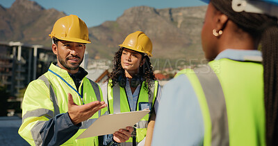 Buy stock photo Talk, women or contractor in city with checklist for architecture project, plan or building. Inspection, engineering or builder on construction site for installation, teamwork and renovation ideas