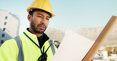 Buy stock photo Blueprint, reading and engineering with man in city for progress report, architecture and contractor. Floor plan, construction site and building schedule with person outdoor for renovation project