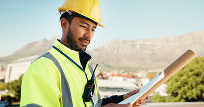 Buy stock photo Blueprint, reading and contractor or man in city for progress report, architecture and engineering. Floor plan, construction site and building schedule with person outdoor for renovation project