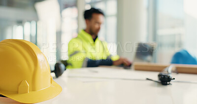 Buy stock photo Construction, helmet and man with equipment on table for site inspection, quality control or safety. Engineer, worker and laptop for industrial development, property renovation and project planning
