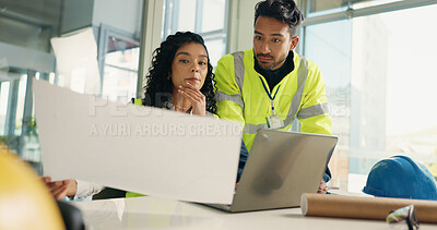 Buy stock photo Brainstorming, people or contractor in office with floor plan for architecture project or thinking. Blueprint, engineers or builder with developer planning for solution, teamwork or renovation ideas