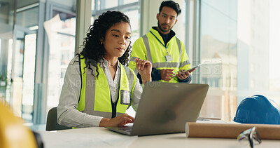 Buy stock photo Laptop, teamwork and architect with people in office for engineer project, planning or contractor. Construction briefing, building and cad floorplan with employees for research and digital blueprint