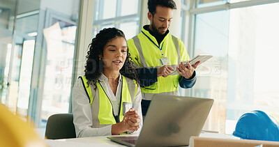 Buy stock photo Laptop, planning and architect with people in office for engineer project, teamwork or contractor. Construction briefing, building and cad floorplan with employees for research and digital blueprint