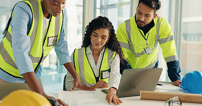 Buy stock photo Brainstorming, people or contractor with sketch for construction floor plan or architecture project. Blueprint, engineering design or builders in office for installation, teamwork or renovation ideas