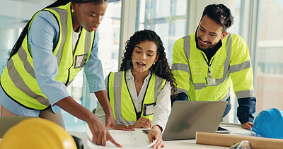 Buy stock photo Brainstorming, people or sketch in office for floor plan, construction or architecture project. Talking, engineering design or builders with blueprint for installation, teamwork or renovation ideas