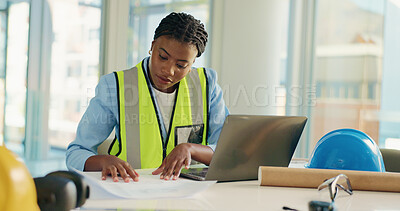 Buy stock photo Architecture, laptop and black woman with documents for blueprint, building design and floorplan. Construction, civil engineer and person on computer for planning, research and project with paperwork