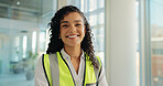 Portrait, woman and architect with confidence in office for renovation, about us and project management. Smile, proud and female contractor with construction job, development and building maintenance