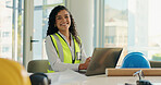 Portrait, architecture and happy woman in office, laptop and planning for construction project. Person, engineering and employee in workplace, computer and confidence with renovation or online design