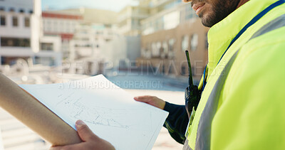 Buy stock photo Blueprint, hands and contractor with man in city for progress report, architecture and engineering. Floor plan, construction site and building schedule with person outdoor for renovation project