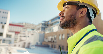 Buy stock photo Thinking, engineering and contractor with man on rooftop for  inspection, building project or idea. Construction site, reflection and architect with person in city for renovation and infrastructure