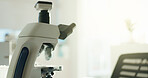 Science tools, microscope and equipment in laboratory for research, innovation and space. Microbiology, scientific technology and optical instrument with lens for medical study, test or analysis