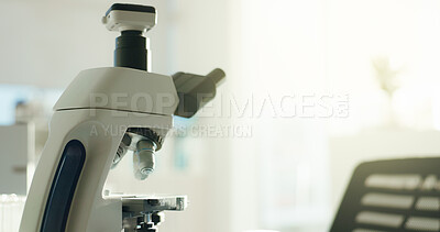 Buy stock photo Science tools, microscope and equipment in laboratory for research, innovation and space. Microbiology, scientific technology and optical instrument with lens for medical study, test or analysis