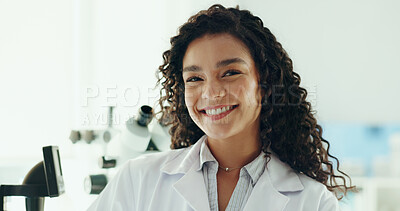 Buy stock photo Woman, portrait and scientist with smile for medical research, forensic study and laboratory. Confidence, female person and happy with microscope for microbiology, examine DNA or biotech development