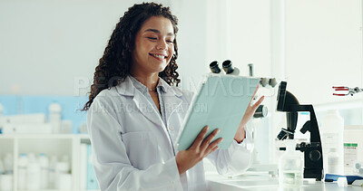 Buy stock photo Research, woman and scientist in laboratory with tablet for project, discovery or experiment. Digital technology, medical science and female microbiologist with report for pharmaceutical innovation.