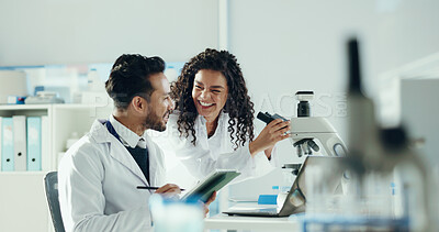 Buy stock photo Science, team and people on tablet in lab with microscope for analysis, medical research and study. Chemistry, pharmaceutical and man with woman on digital tech for meeting, results and online report