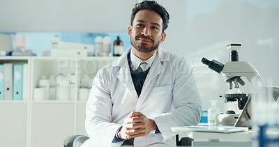 Buy stock photo Man, scientist and happy with thinking, reflection or decision in career with medical research project. Person, smile and perspective with pharma study, vaccine development and insight at laboratory