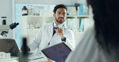 Buy stock photo Man, scientist and discussion in lab with colleague for microbiology study, report or feedback. Team, meeting and technology for medical research, pharmaceutical development and science collaboration