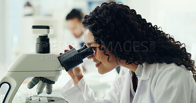 Buy stock photo Science, research and woman with microscope in lab for biotechnology, sample testing or innovation. Scientist, employee and happy with medical equipment for pharma study and mpox vaccine development