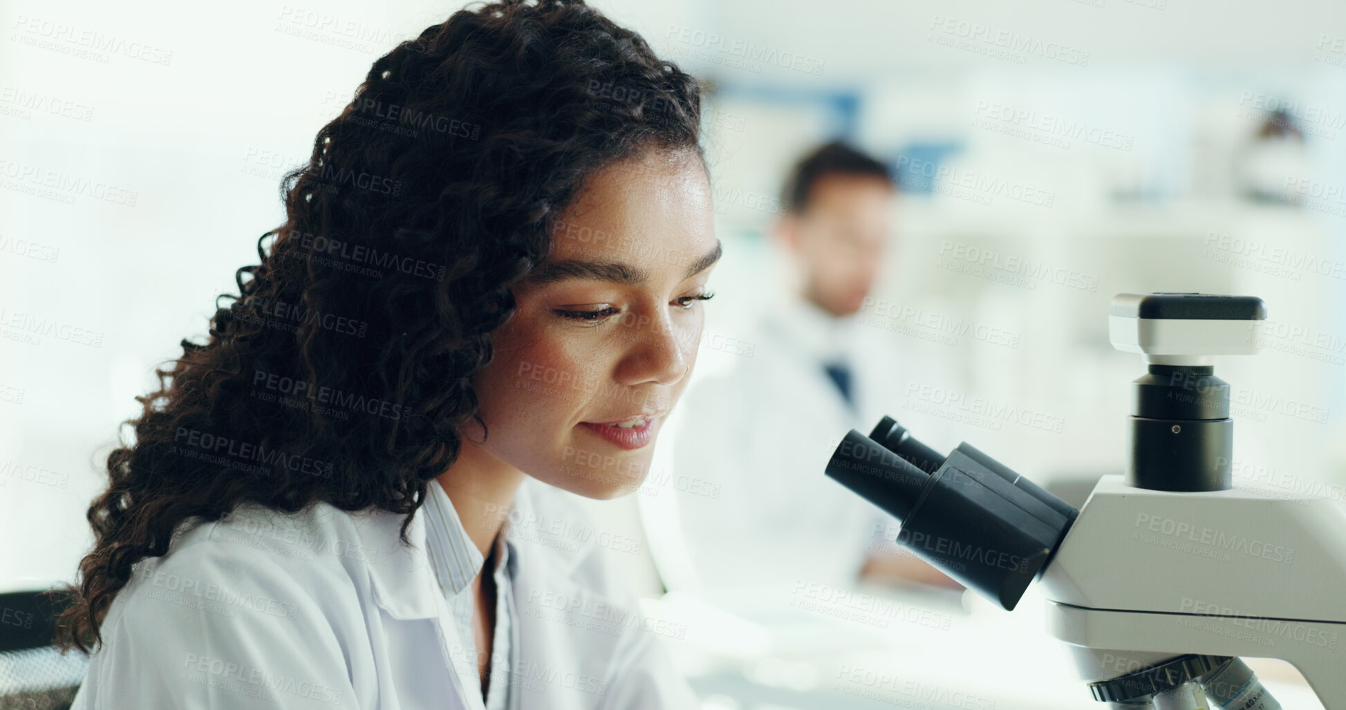 Buy stock photo Woman, scientist and microscope for research study, microbiology innovation or pharmaceutical development. Science lab, investigation and doctor with drug analysis for assessment in medical industry