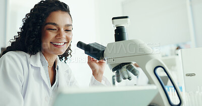 Buy stock photo Science, tablet and woman with microscope in lab for medical research, study and online results. Healthcare, biology and happy scientist on digital tech for vaccine report, innovation and experiment
