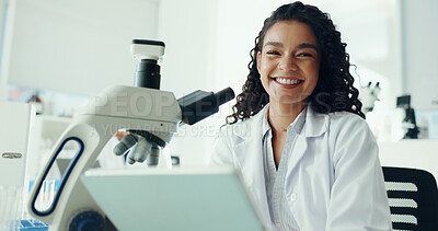 Buy stock photo Science, portrait and woman with microscope in lab for medical research, study and online results. Healthcare, biology and scientist on digital tech for vaccine report, discovery and experiment