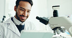 Science, tablet and happy man with microscope in lab for medical research, study and online results. Healthcare, biology and scientist on digital tech for vaccine report, innovation and experiment