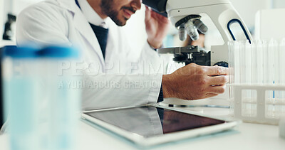 Buy stock photo Hands, science and man with microscope in laboratory for sample study, pharma solution or research. Scientist, innovation and employee with medical equipment for vaccine development or DNA testing