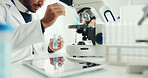 Science, laboratory and man with sample on microscope for analysis, medical research and study. Healthcare, pharmaceutical and scientist with liquid in test tube for medicine, experiment and vaccine