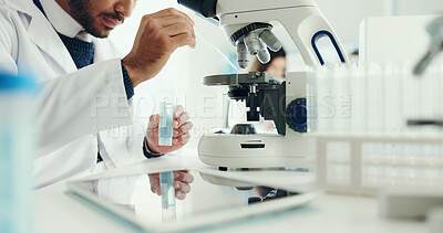 Buy stock photo Science, laboratory and man with sample on microscope for analysis, medical research and study. Healthcare, pharmaceutical and scientist with liquid in test tube for medicine, experiment and vaccine