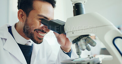 Buy stock photo Science, research and man with microscope in lab for biotechnology, sample testing and innovation. Scientist, employee and happy with medical equipment for pharma study and mpox vaccine development