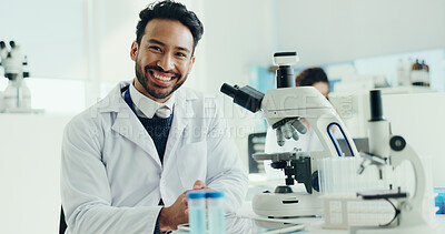 Buy stock photo Man, scientist and happy with study, portrait and pride for career with medical research project. Person, smile and tech with pharmaceutical review for vaccine development with app at laboratory