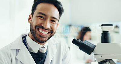 Buy stock photo Man, scientist and happy with microscope, portrait and pride for career with medical research project. Person, smile and tools with pharmaceutical study, bacteria or vaccine development at laboratory