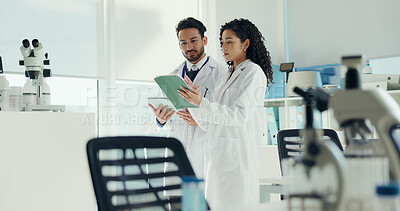 Buy stock photo Science, talking and people on tablet in lab for research, medical study and DNA analysis. Healthcare, teamwork and man with woman on digital tech for forensic review, biology and pathology report
