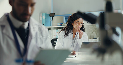 Buy stock photo Woman, scientist and smile with laptop at lab, review or medical research with team for project. Person, happy and computer with pharmaceutical study, feedback and virus info for vaccine development