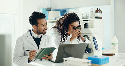 Buy stock photo Science, team and people on tech in lab with microscope for research, medical study and DNA analysis. Healthcare, biology and man with woman on laptop and tablet for forensic report and discovery
