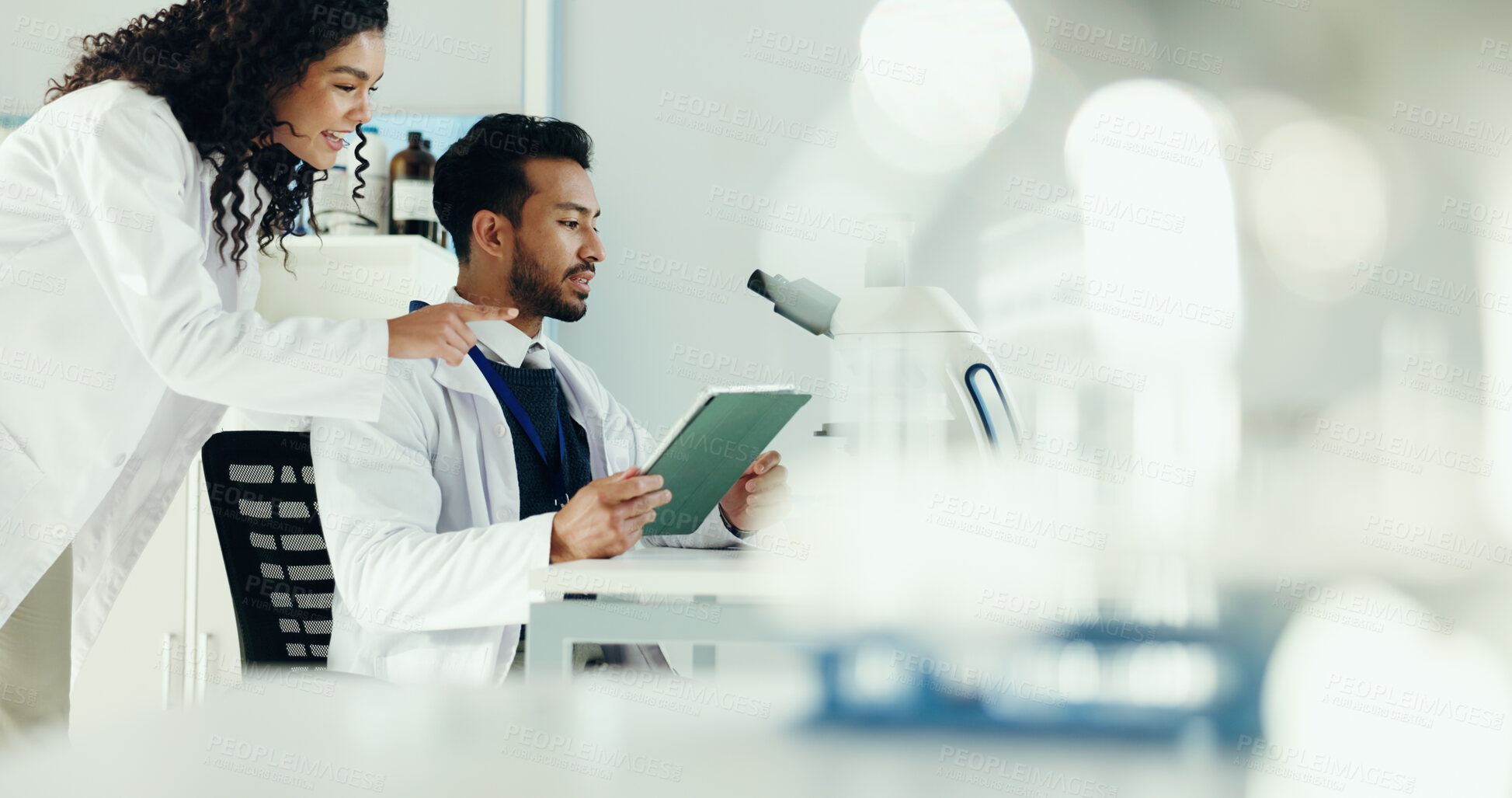 Buy stock photo Science, team and people on tablet in lab with microscope for research, medical study and DNA analysis. Healthcare, space and man with woman on digital tech for forensic report, biology and sample